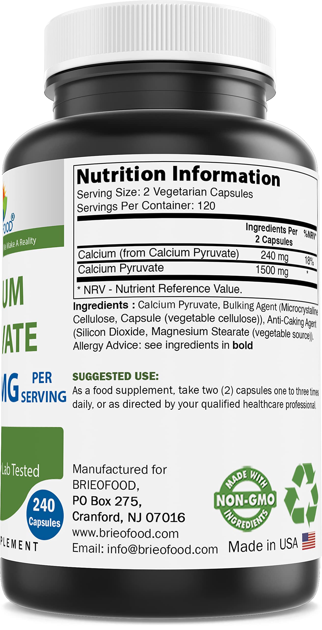 Brieofood Calcium Pyruvate 240 Capsules side view