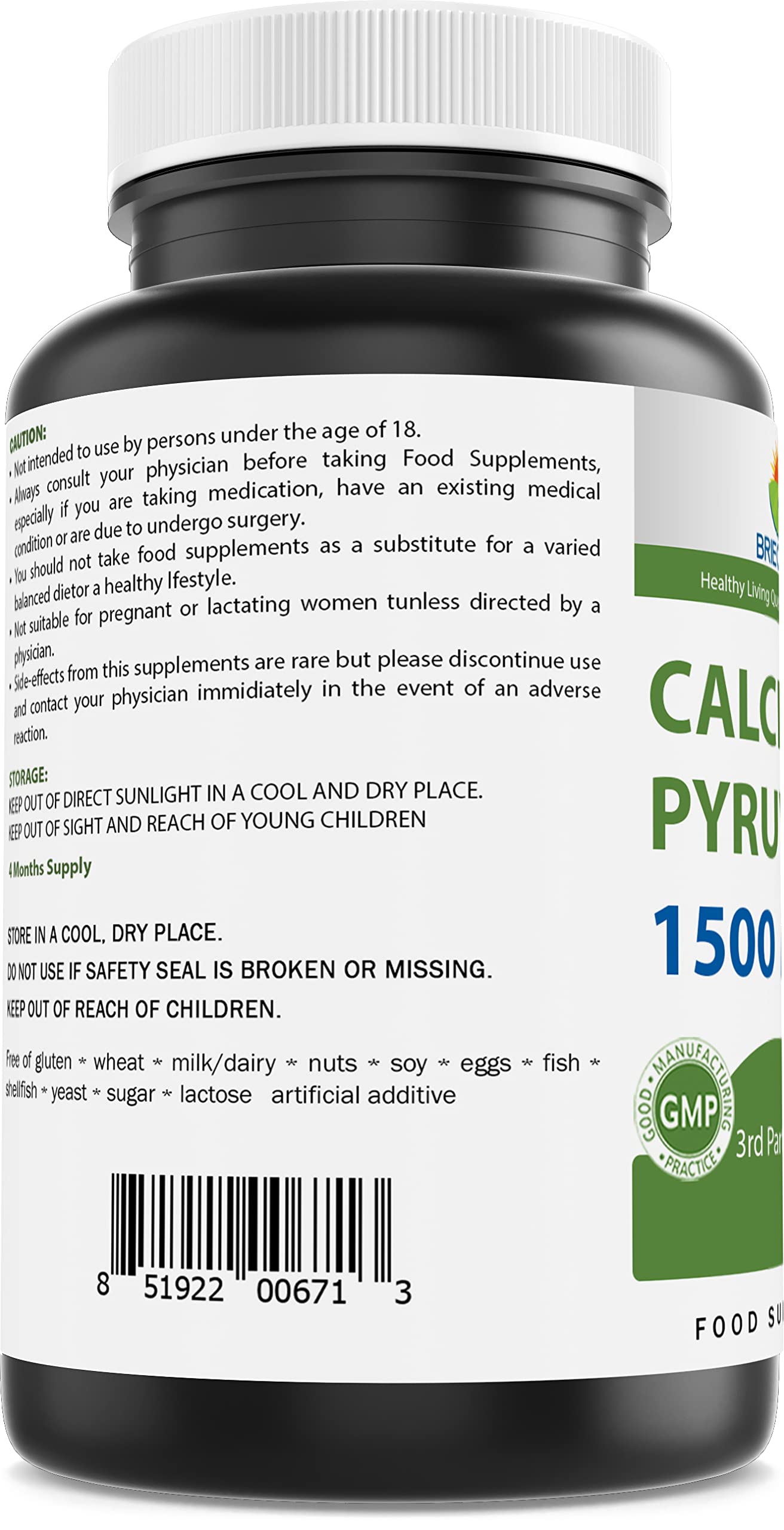 Brieofood Calcium Pyruvate bottle with label and capsules