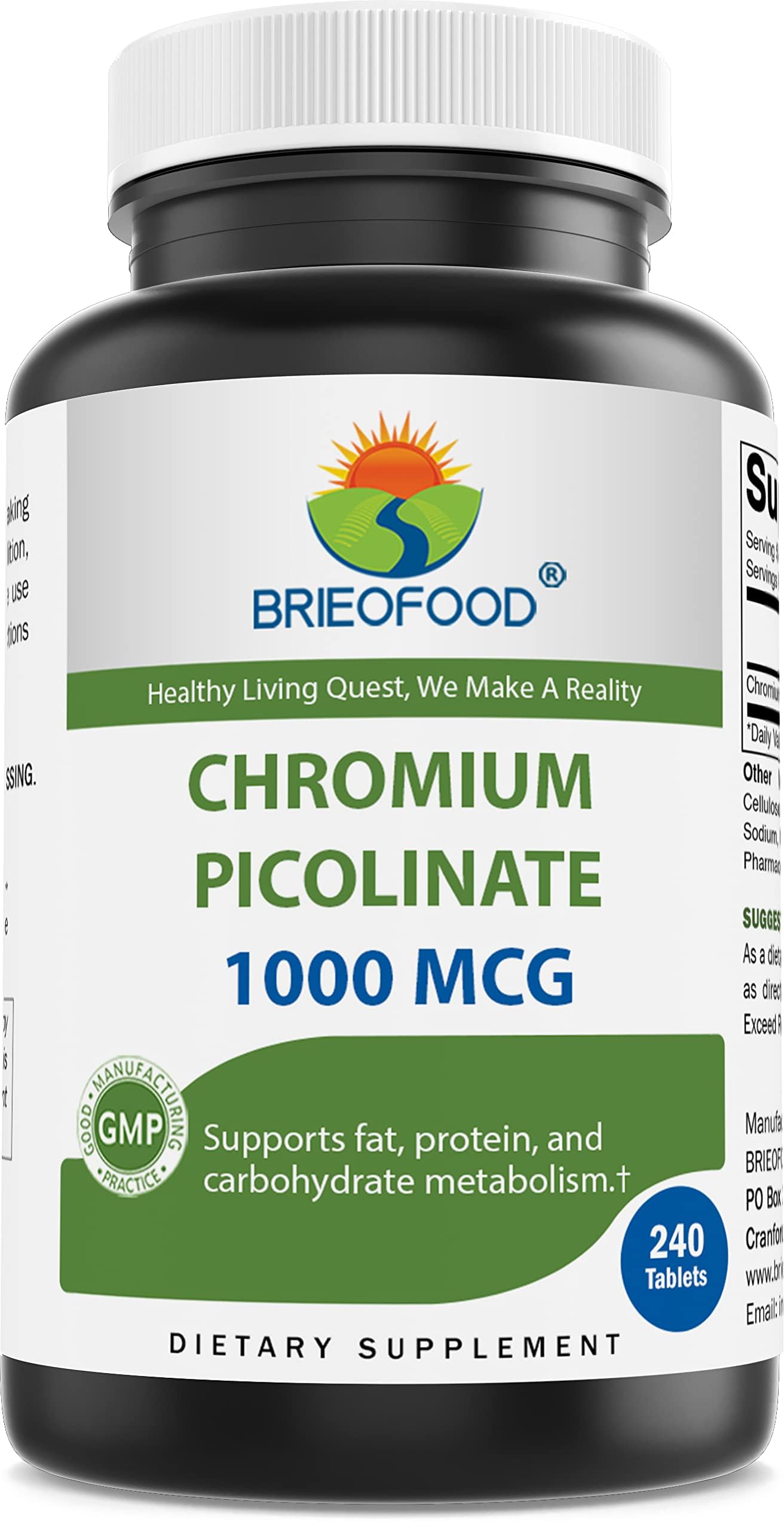Brieofood Chromium Picolinate 1000 mcg supplement bottle front view