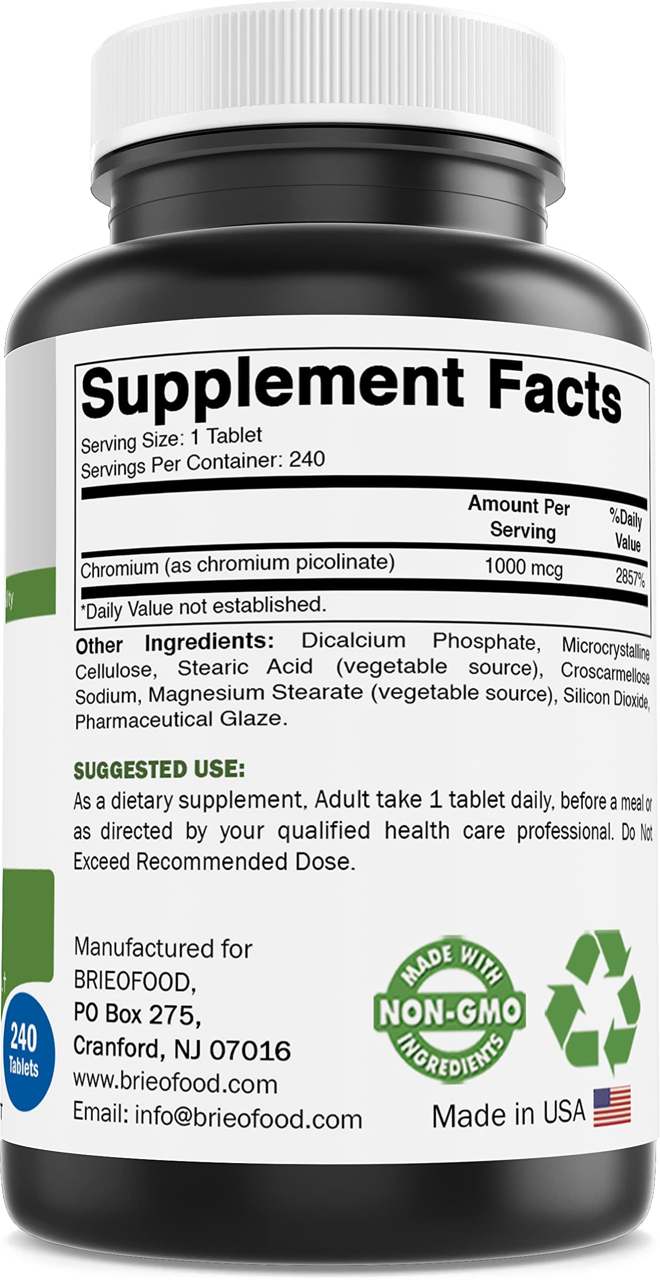 Brieofood Chromium Picolinate 240 tablets side view