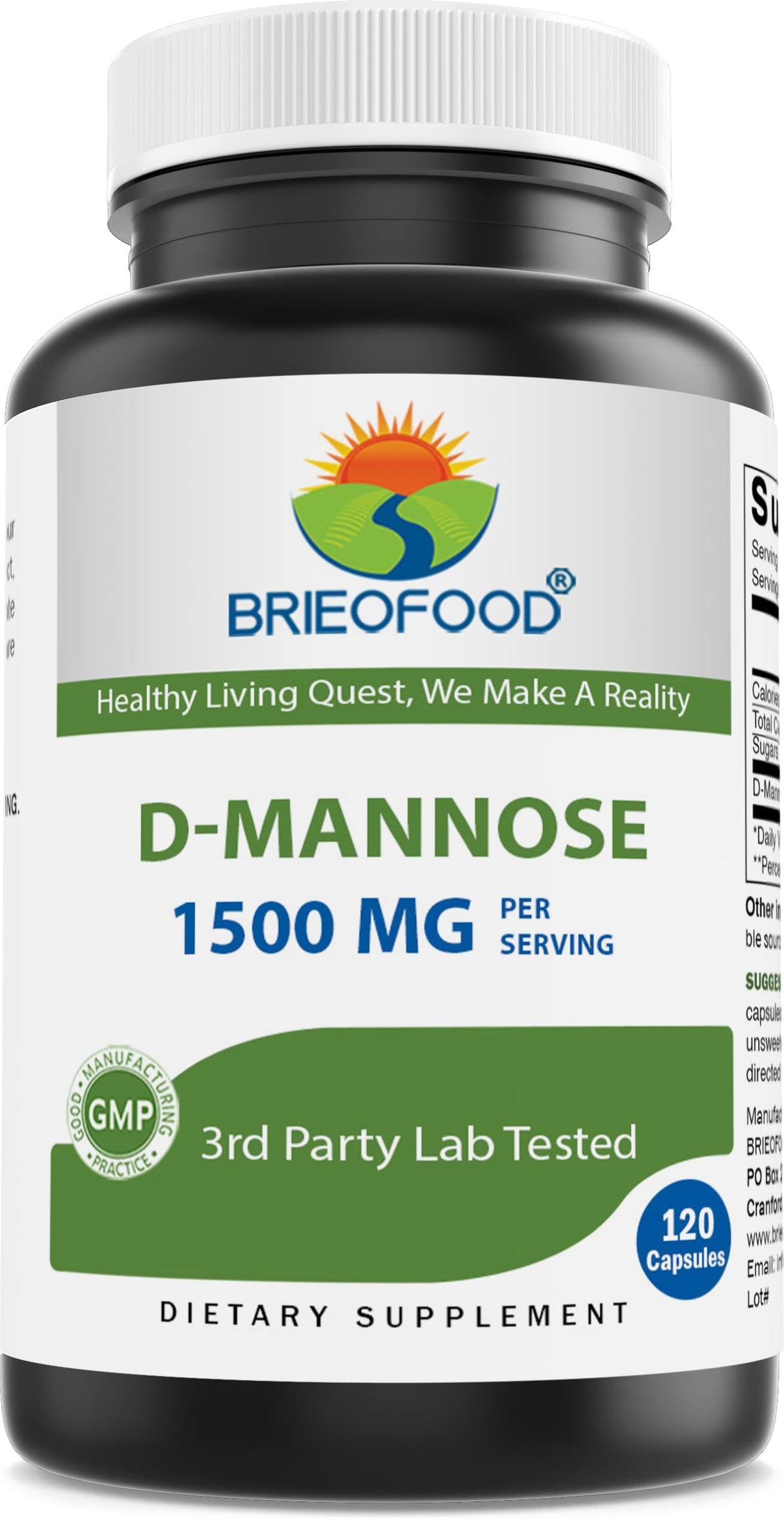 Brieofood D-Mannose Capsules bottle front view with 120 capsules