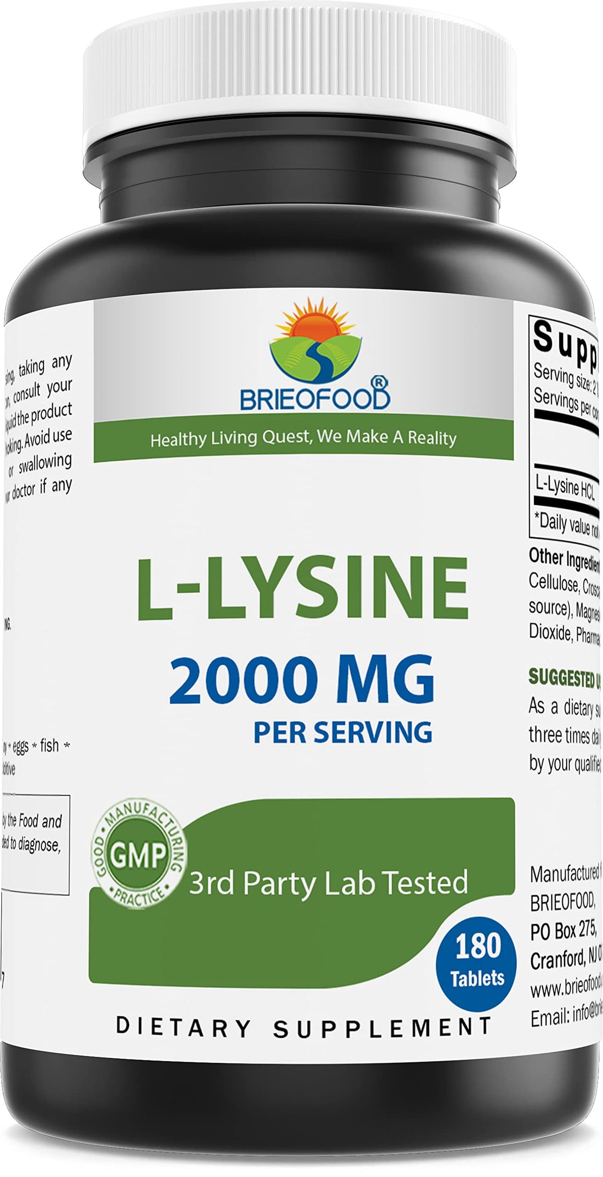 Brieofood L-Lysine 2000mg 180 Vegetarian Tablets front view