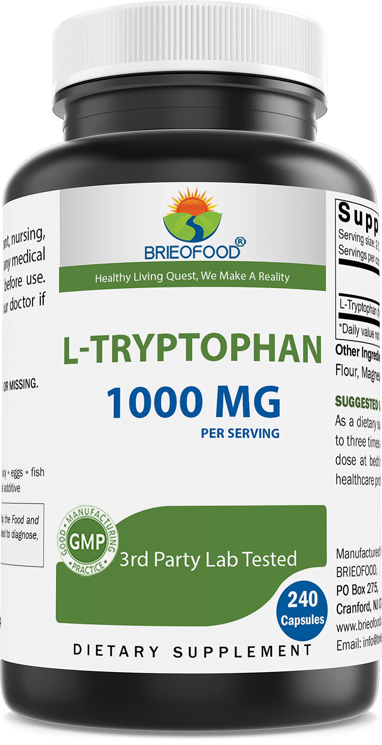 Brieofood L-Tryptophan 1000mg 240 Capsules front view