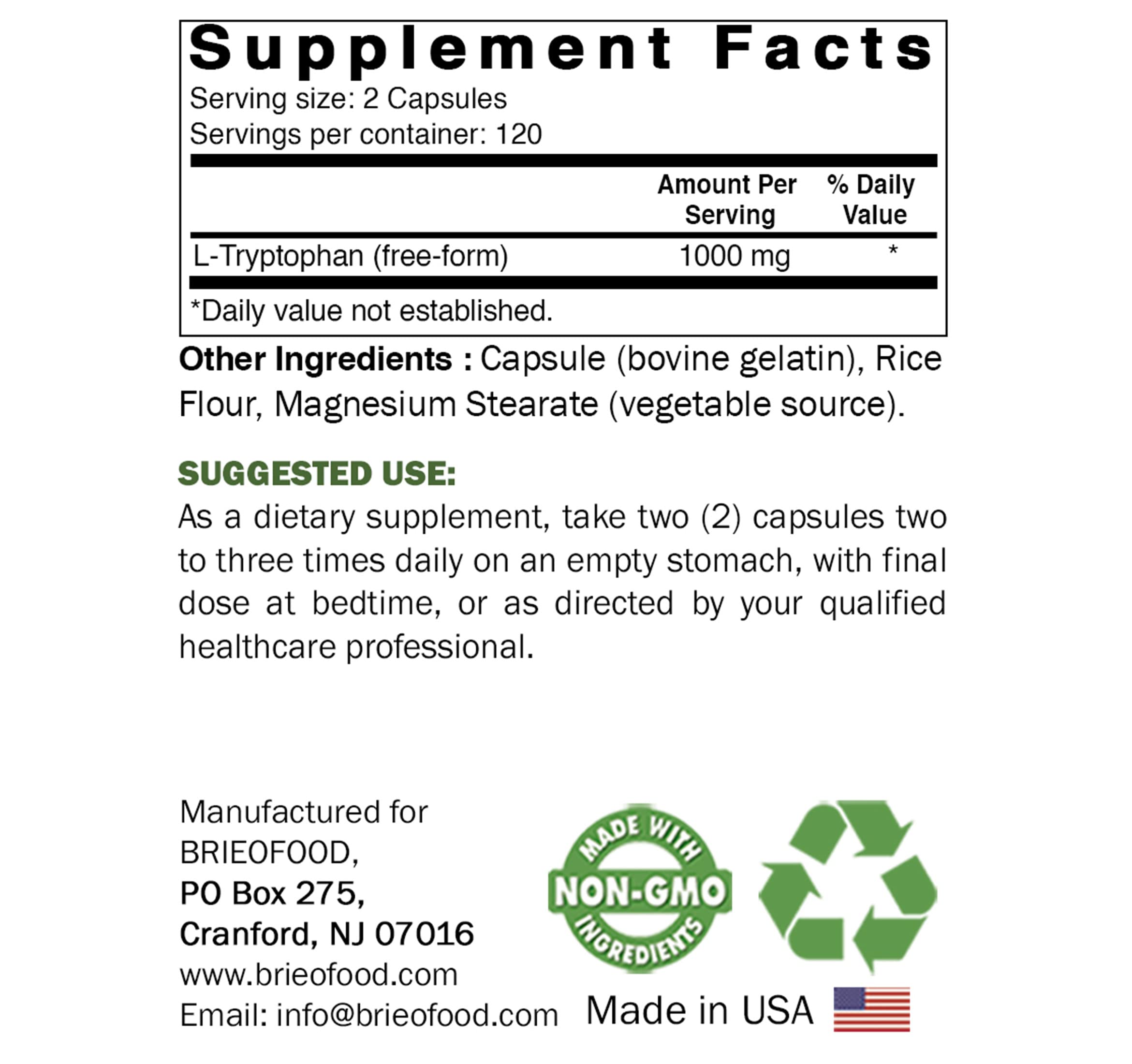 Brieofood L-Tryptophan 240 Capsules bottle side view