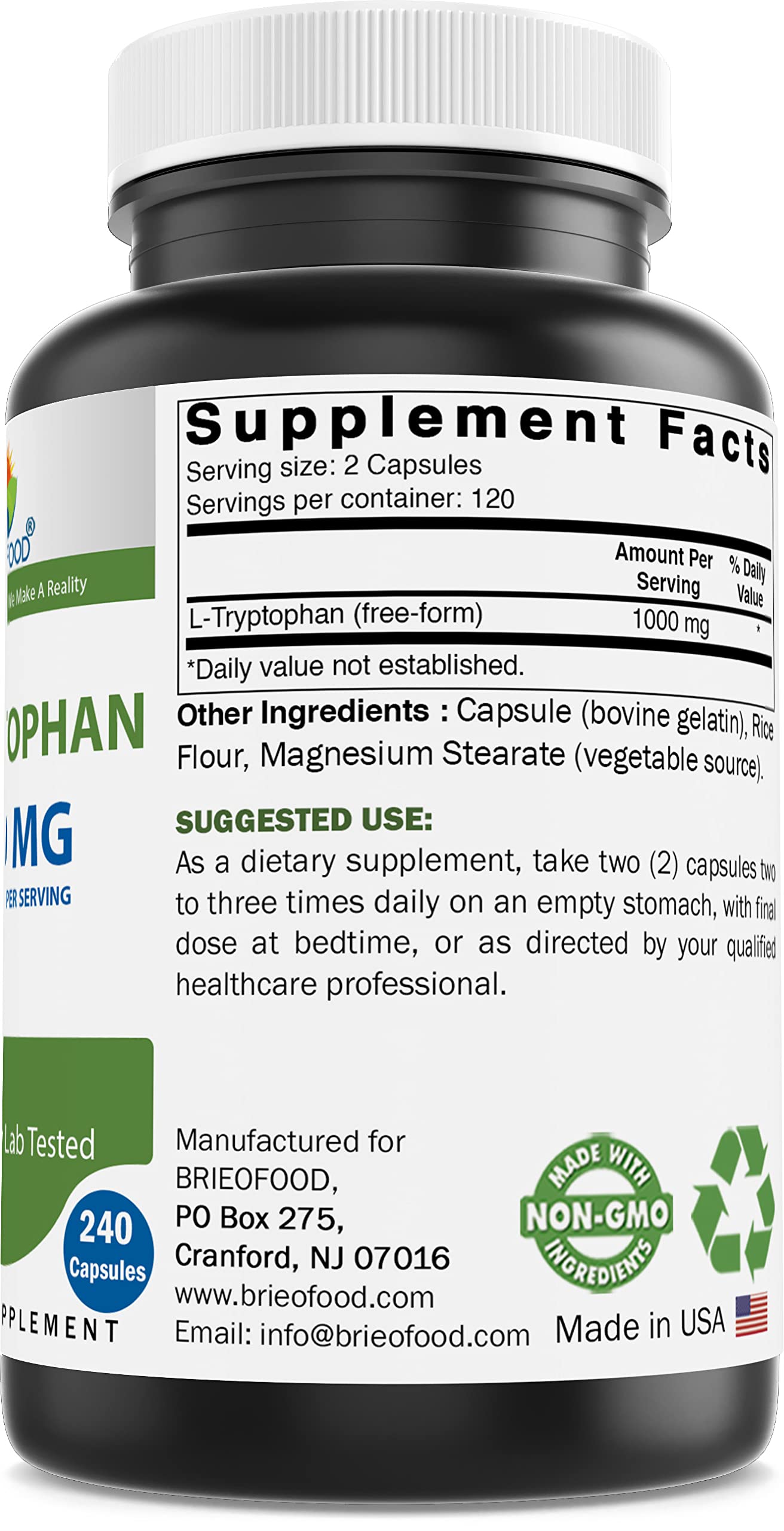 Brieofood L-Tryptophan capsules on a table