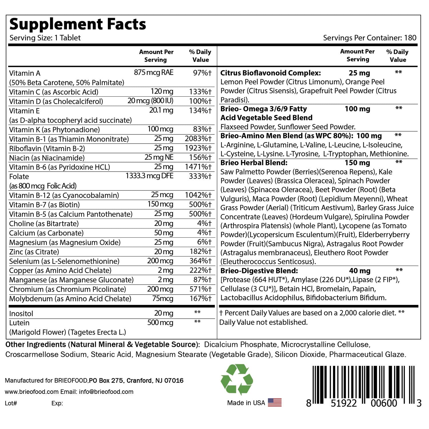 Brieofood Men's Multi Food-Based Multivitamin side view showing capsule