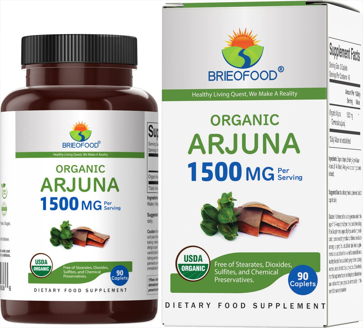 Brieofood Organic Arjuna 1500mg 90 Vegetarian Tablets front view