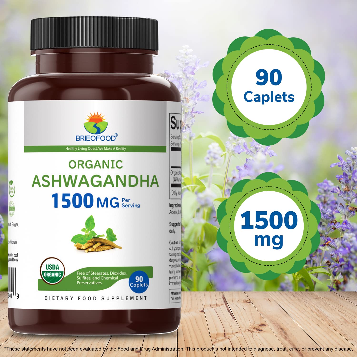 Brieofood Organic Ashwagandha 90 tablets in a hand