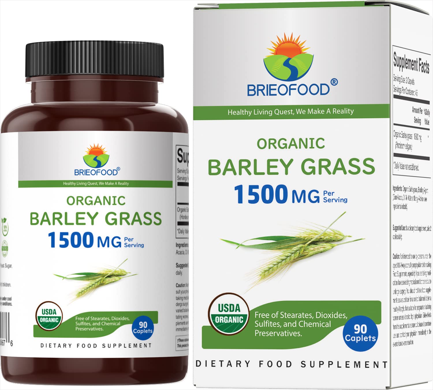 Brieofood Organic Barley Grass 1500mg 90 Tablets front view