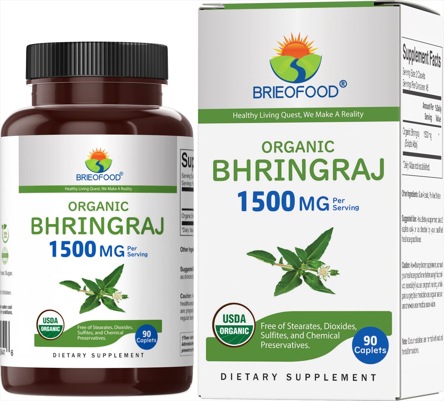 Brieofood Organic Bhringraj 1500mg vegetarian tablets front view