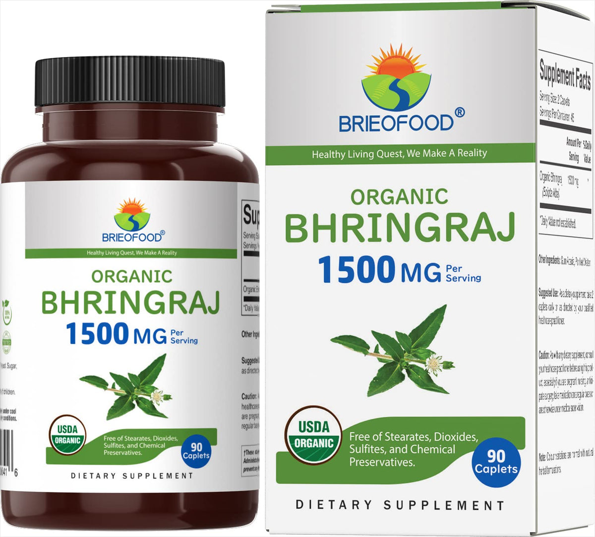 Brieofood Organic Bhringraj 1500mg vegetarian tablets front view