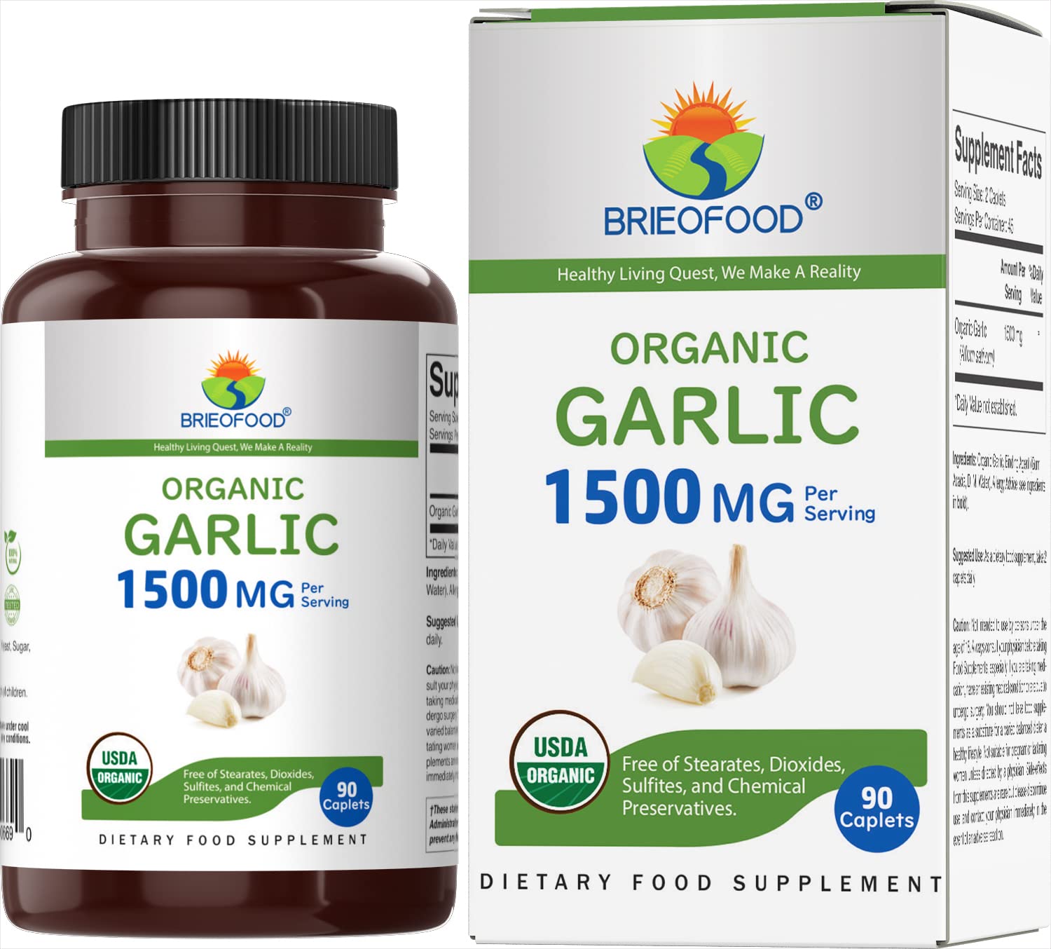 Brieofood Organic Garlic Supplement 1500mg 90 Tablets front view