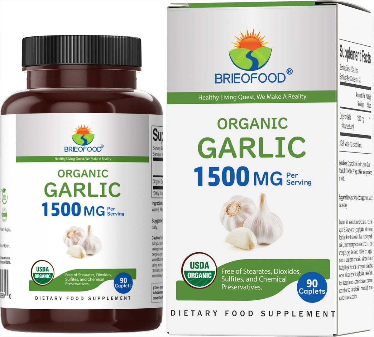 Brieofood Organic Garlic Supplement 1500mg 90 Tablets front view