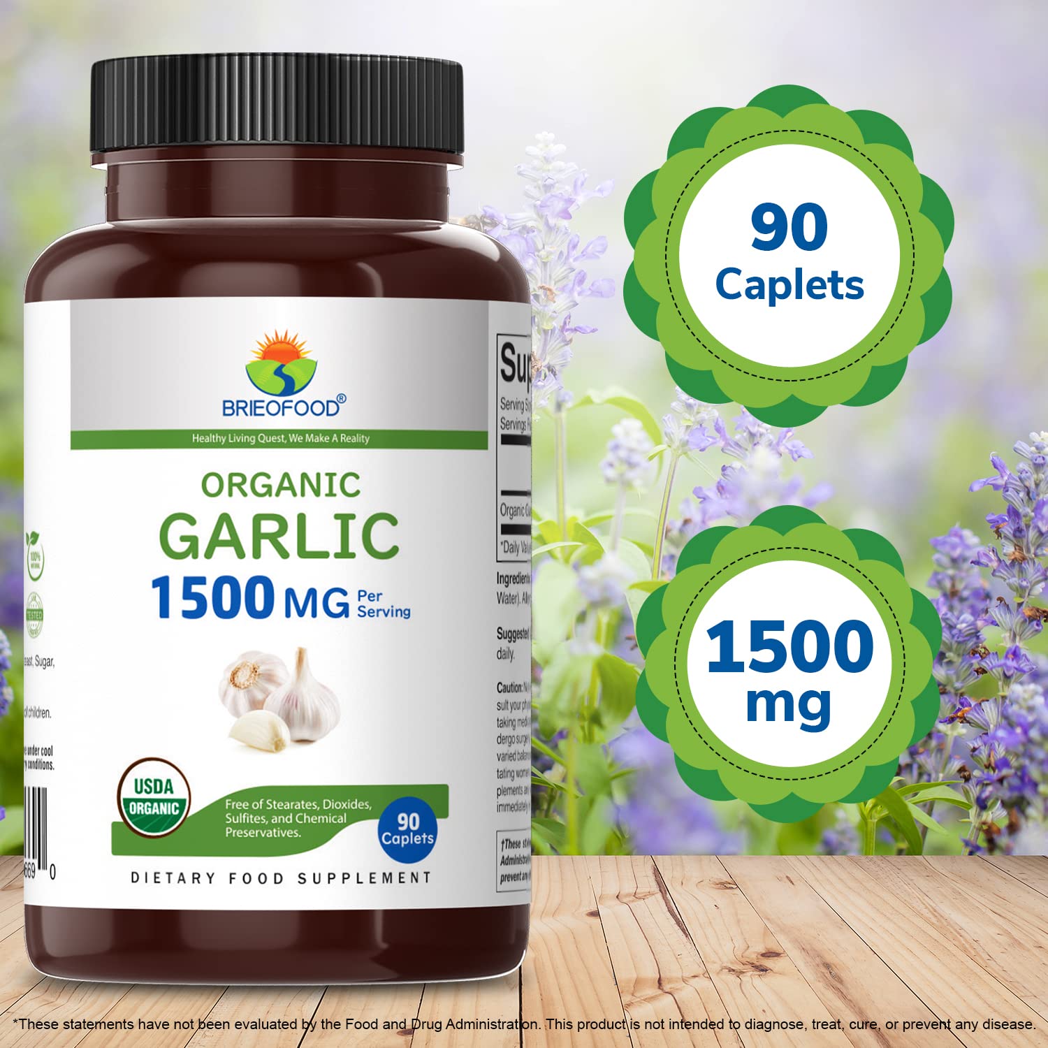 Brieofood Organic Garlic Supplement 1500mg on a wooden table