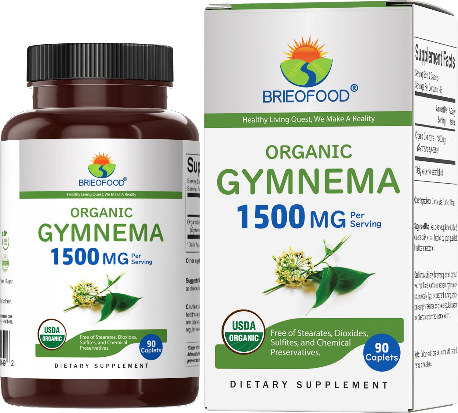 Brieofood Organic Gymnema 1500mg vegetarian tablets front view