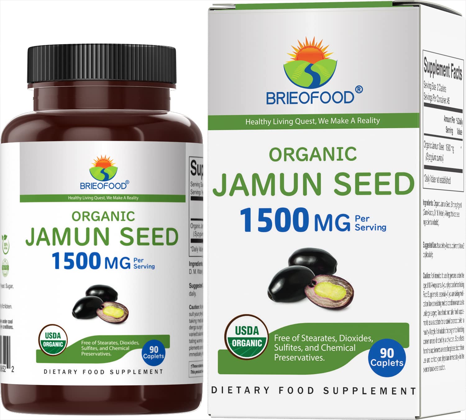 Brieofood Organic Jamun Seed 1500mg 90 vegetarian tablets front view