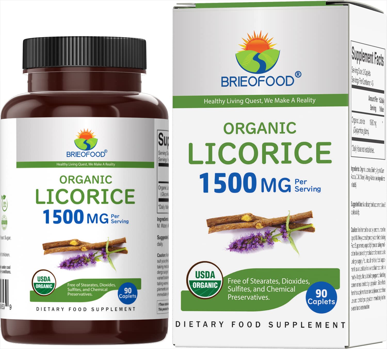 Brieofood Organic Licorice Root 1500mg 90 Tablets front view