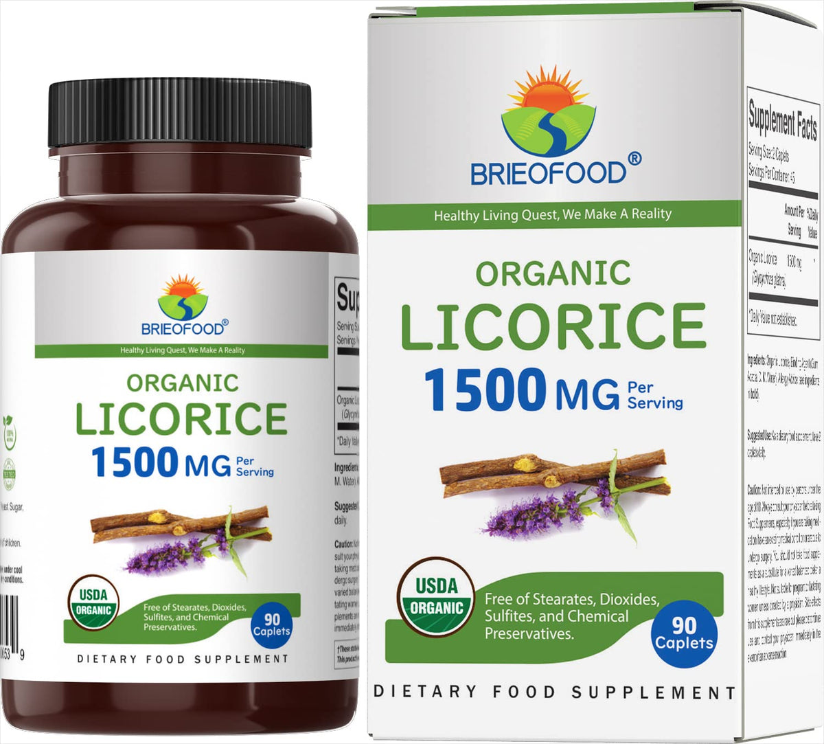 Brieofood Organic Licorice Root 1500mg 90 Tablets front view