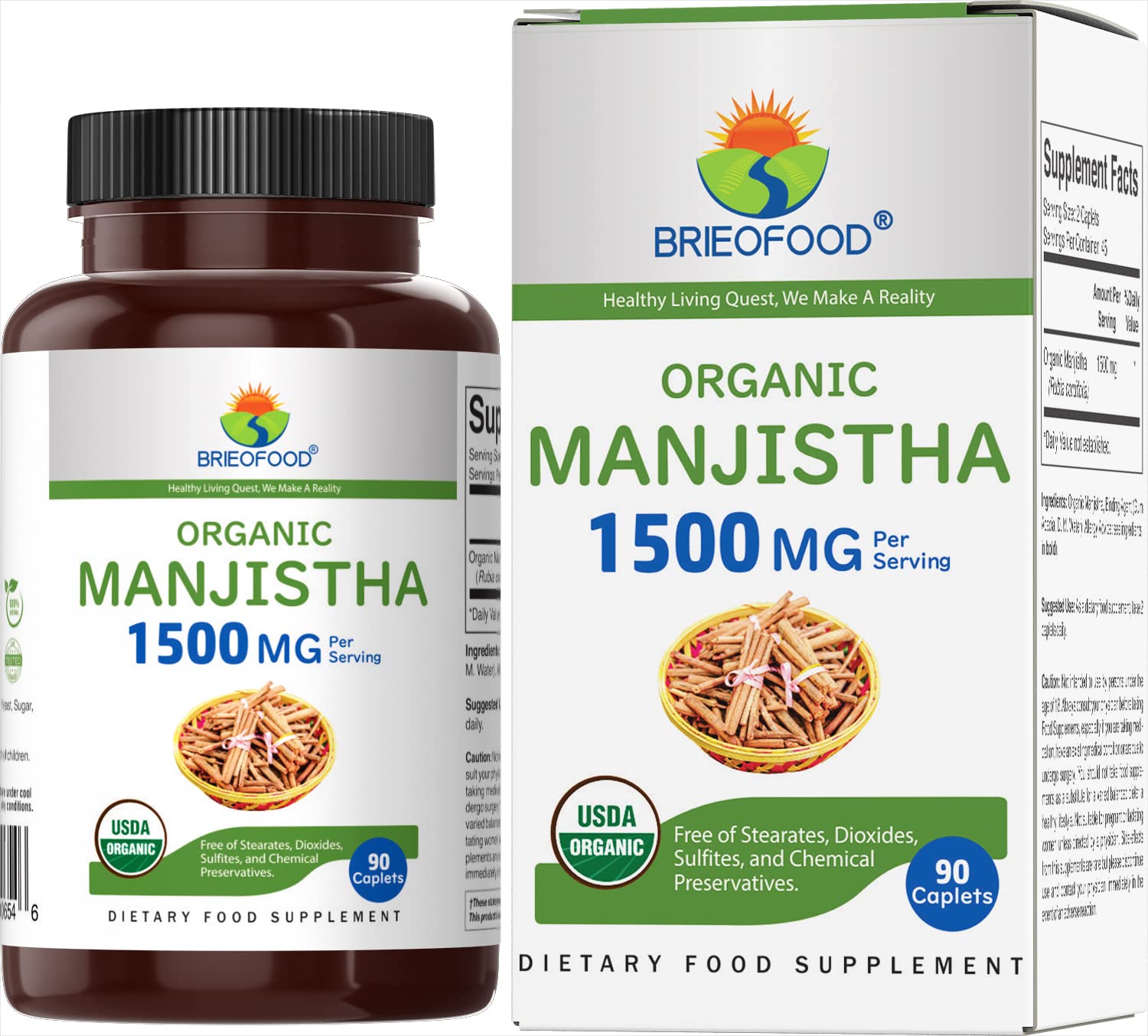 Brieofood Organic Manjistha 1500mg 90 Vegetarian Tablets front view