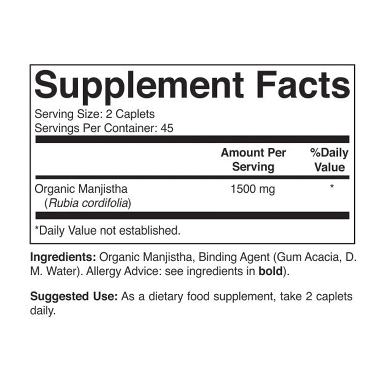 Brieofood Organic Manjistha 1500mg 90 Vegetarian Tablets side view