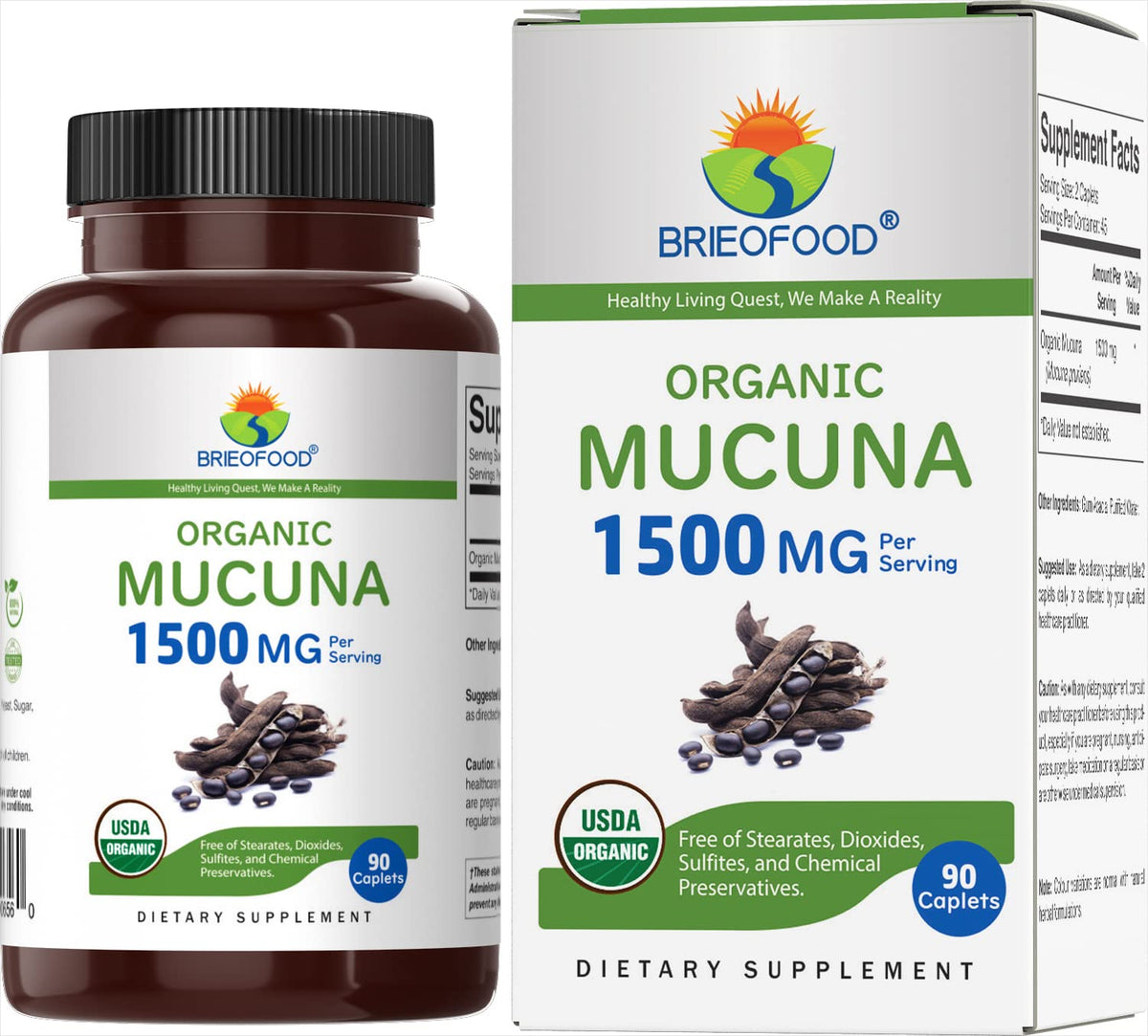 Brieofood Organic Mucuna 1500mg 90 vegetarian tablets front view