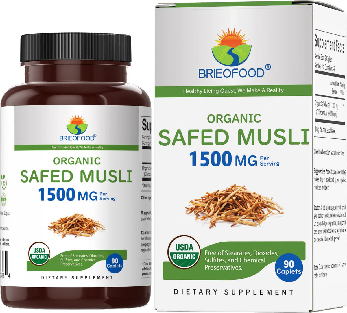 Brieofood Organic Safed Musli 1500mg supplement front view