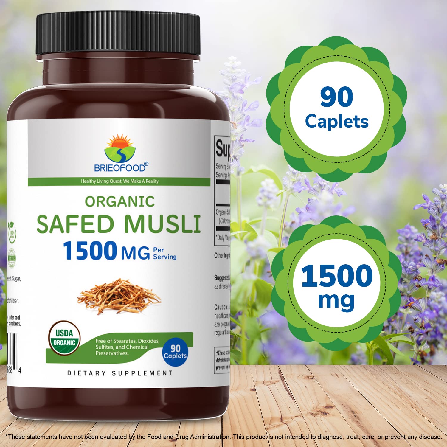 Brieofood Organic Safed Musli 1500mg tablet close-up