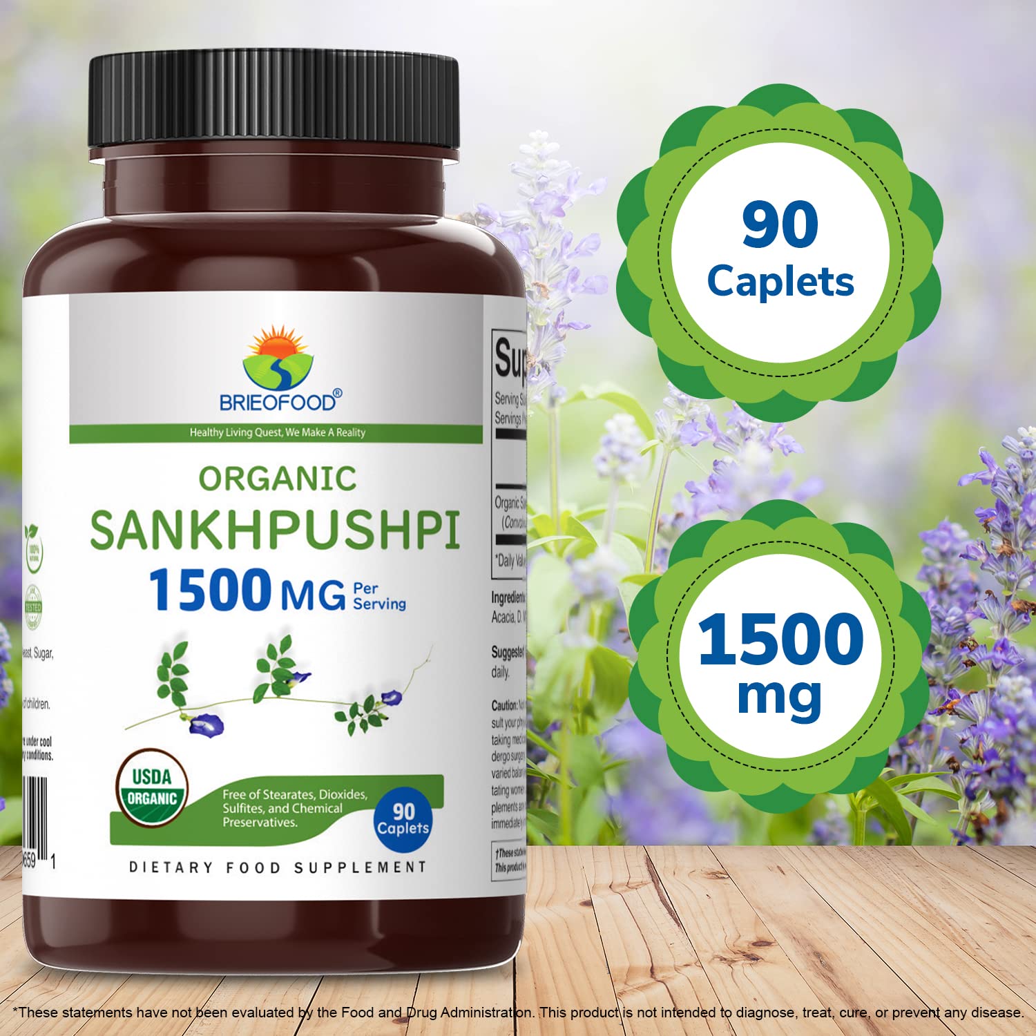 Brieofood Organic Sankhpushpi 1500mg on a wooden table