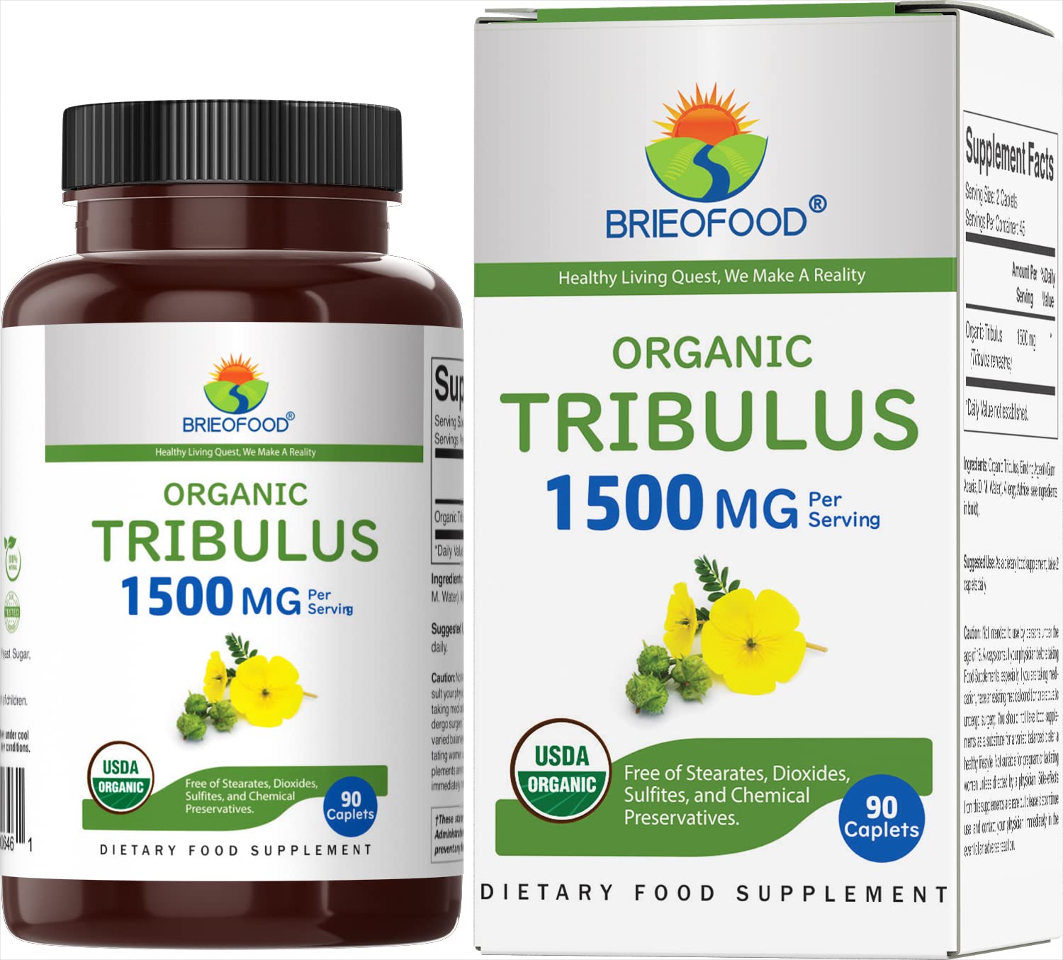 Brieofood Organic Tribulus 1500mg 90 Vegetarian Tablets front view
