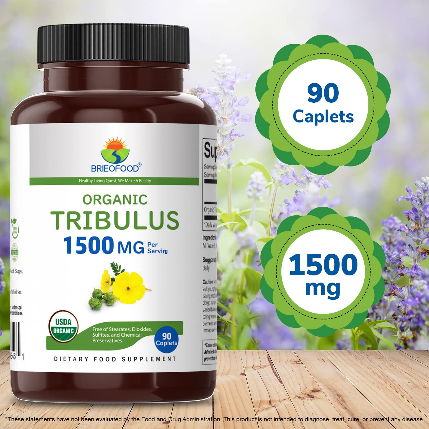 Brieofood Organic Tribulus 1500mg on a wooden table