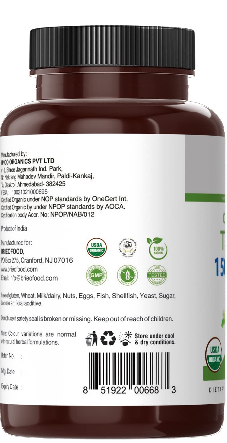 Brieofood Organic Tulsi 1500mg Vegetarian Tablets displayed on a wooden table