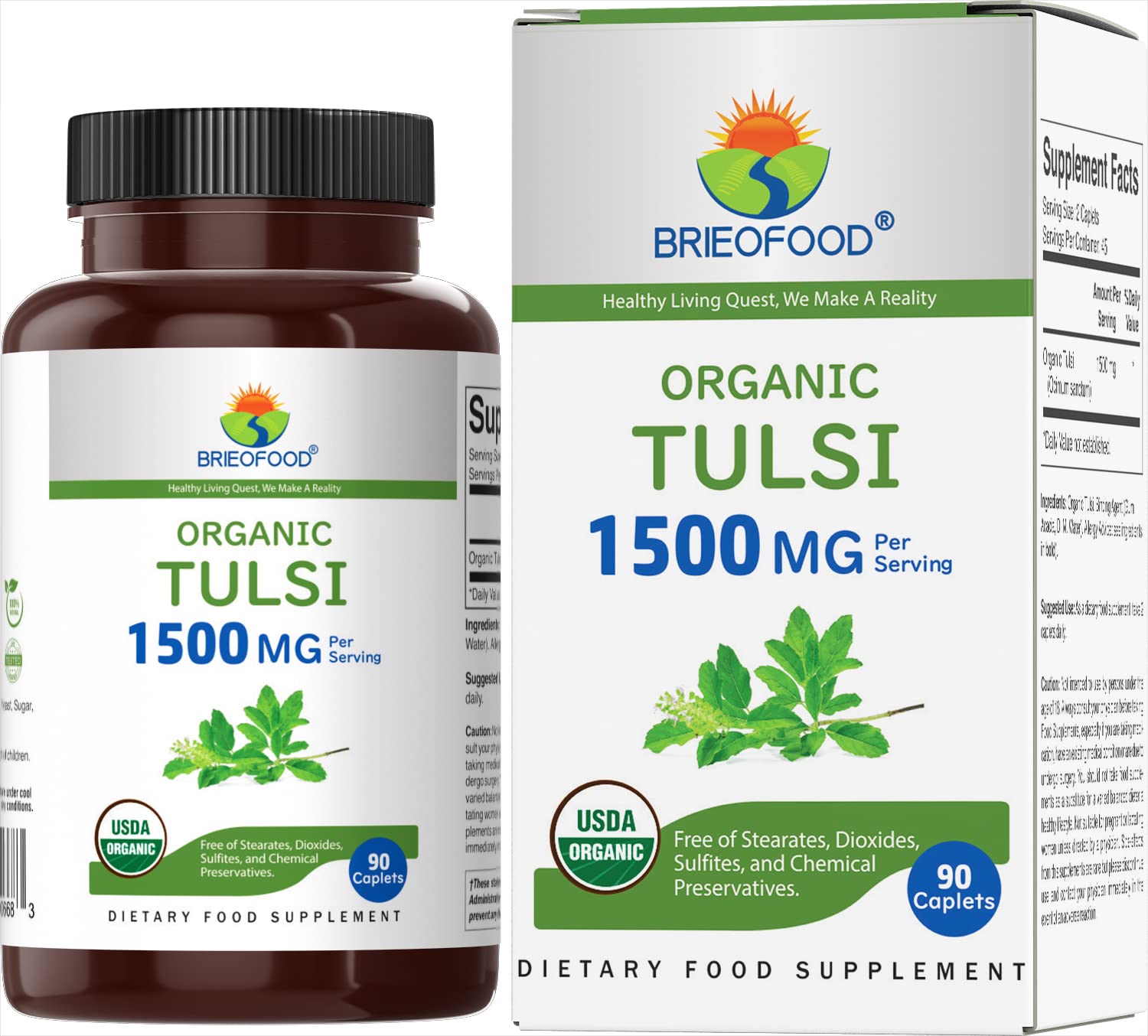 Brieofood Organic Tulsi 1500mg Vegetarian Tablets front view