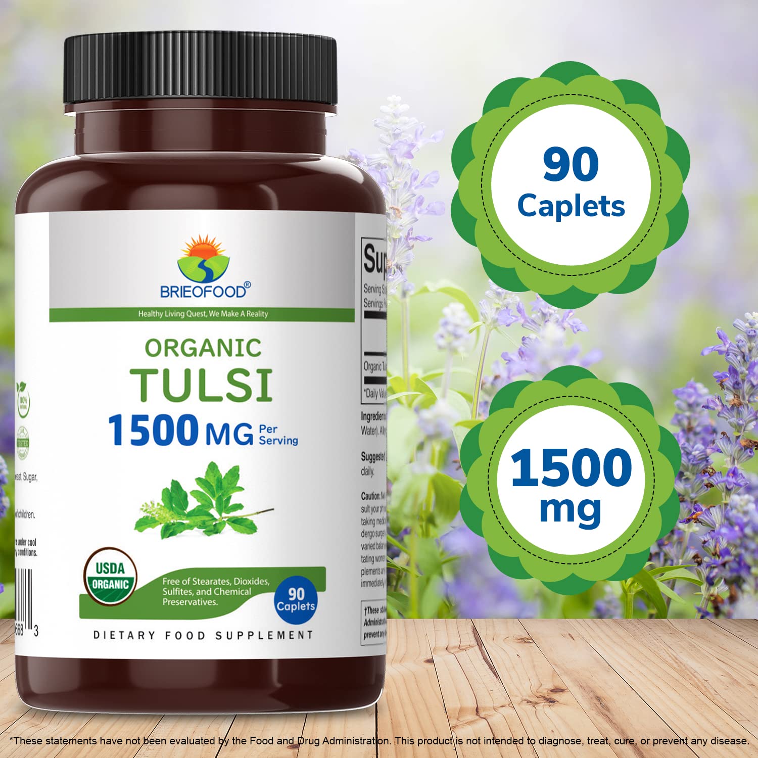 Brieofood Organic Tulsi 1500mg Vegetarian Tablets with natural ingredients