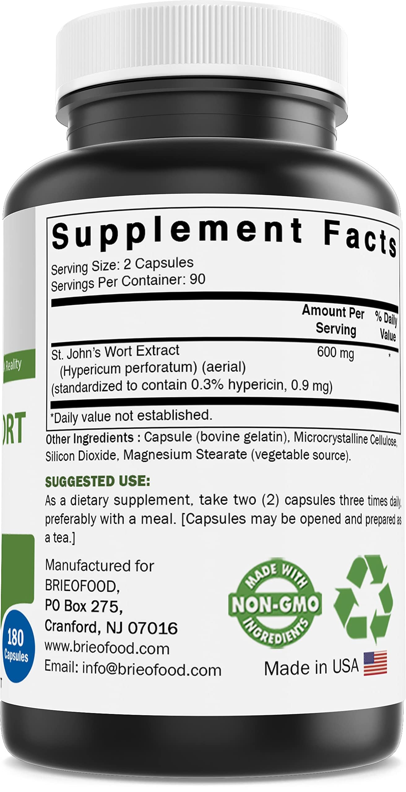 Brieofood St. John's Wort 180 capsules bottle side view
