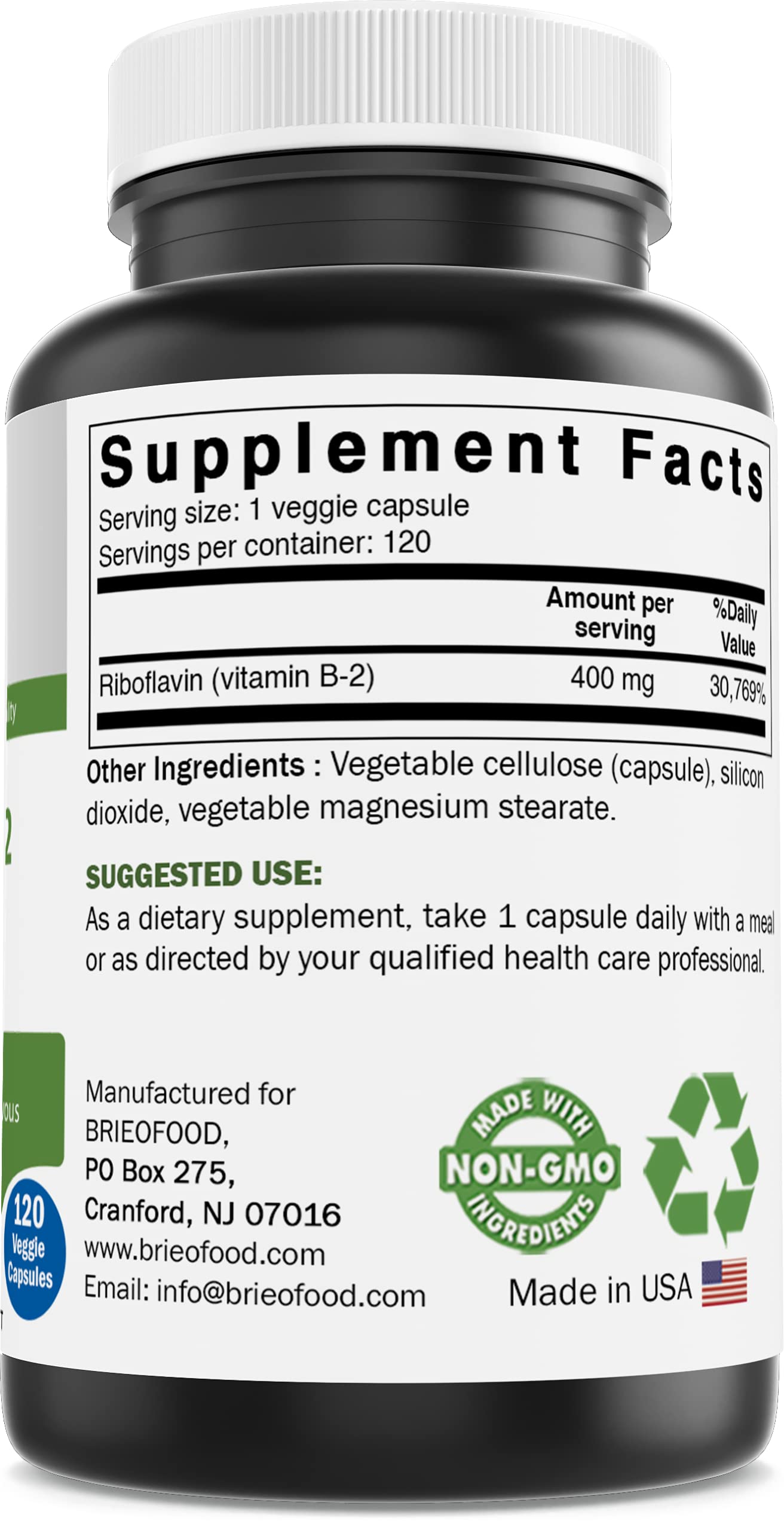 Brieofood Vitamin B2 400mg 120 Veggie Capsules back view