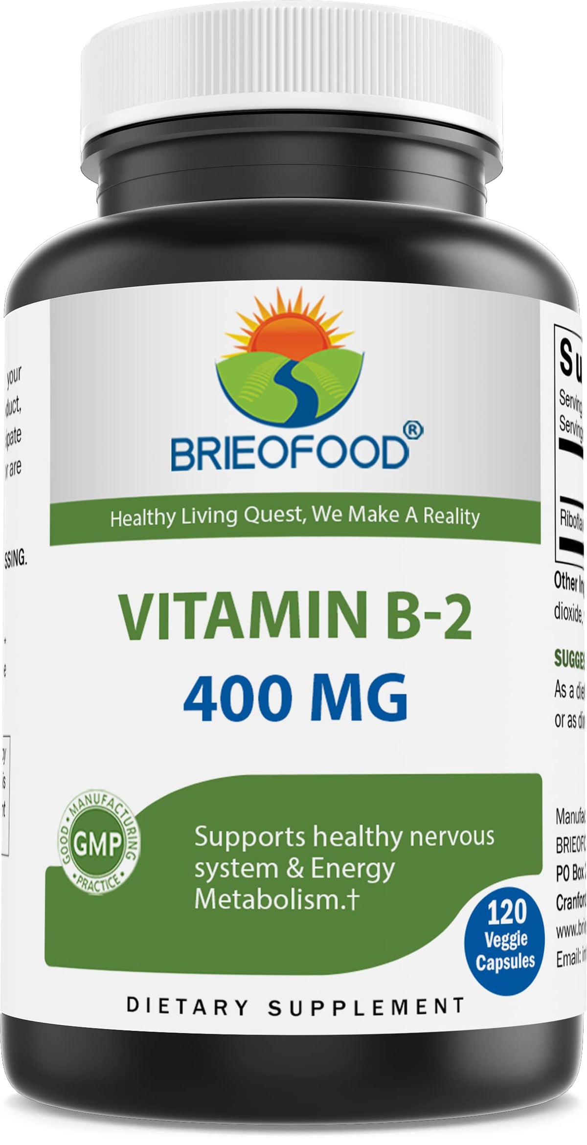 Brieofood Vitamin B2 400mg 120 Veggie Capsules front view
