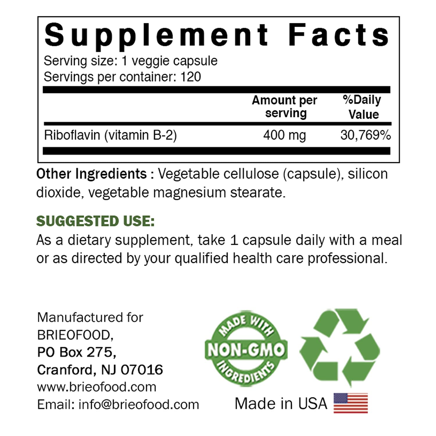 Brieofood Vitamin B2 400mg 120 Veggie Capsules side view