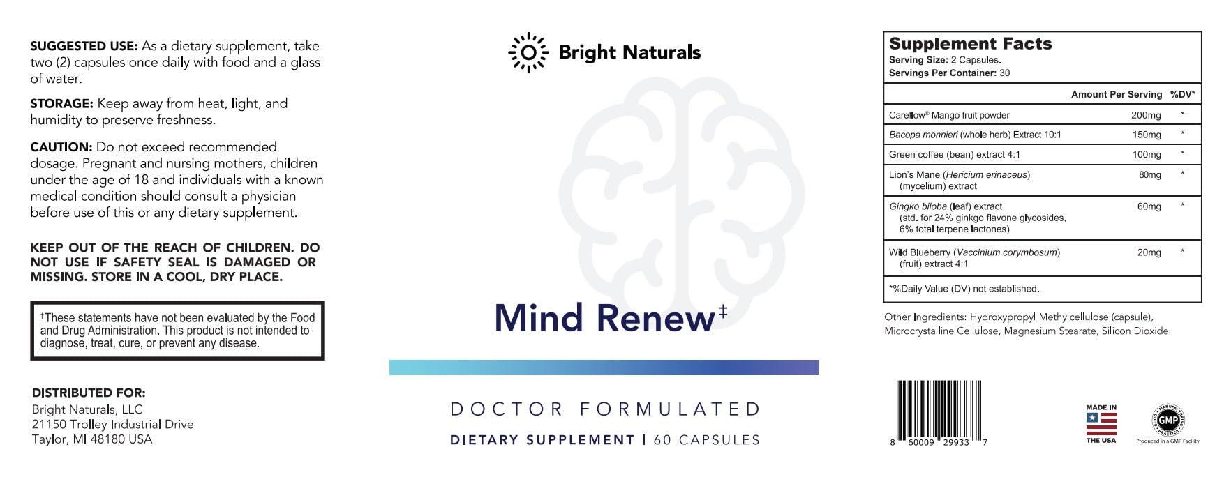 Bright Naturals Mind Renew Ginkgo Biloba supplement on a wooden table