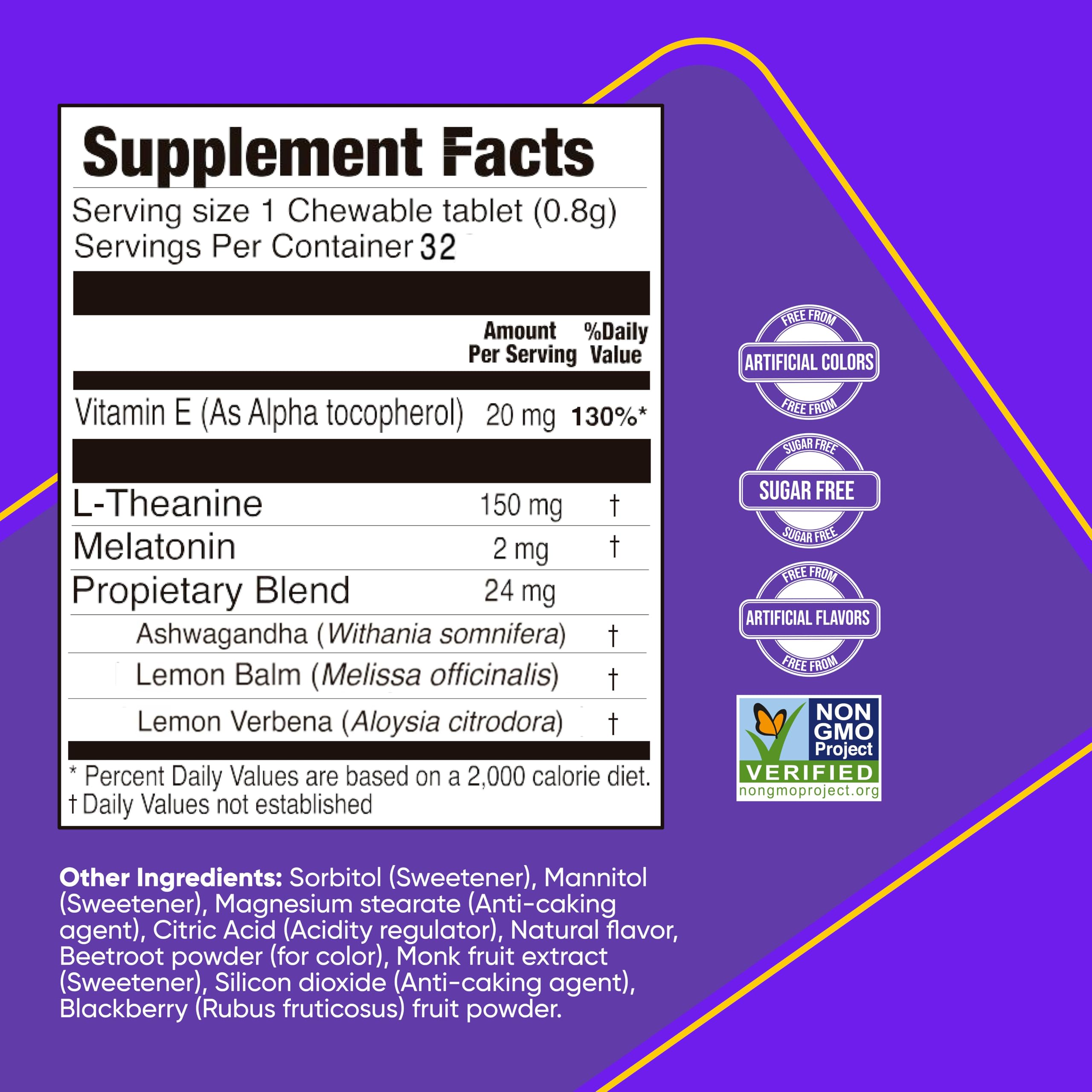 BRIGHTFULL Sleep Chewable Tablets back view with nutritional information