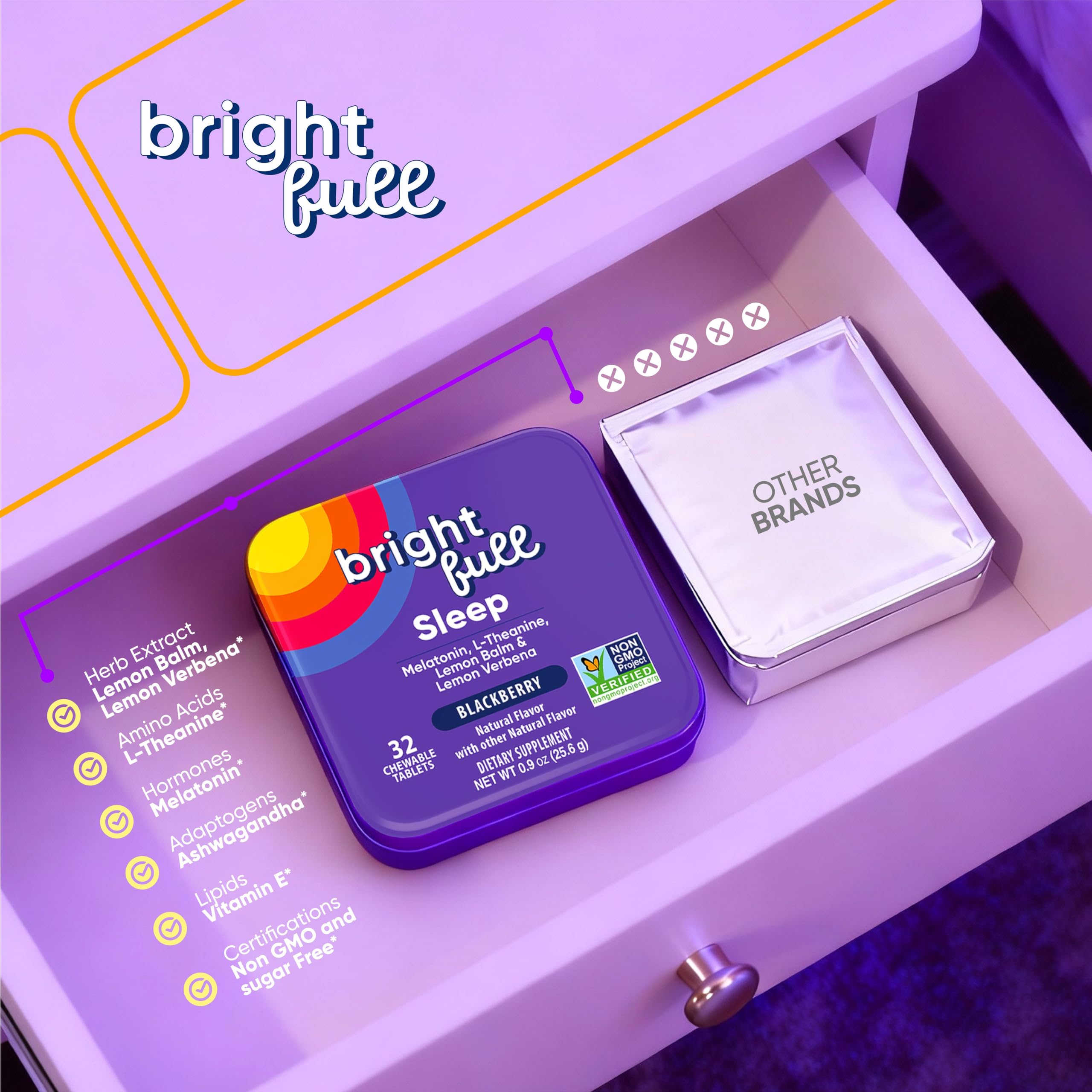 BRIGHTFULL Sleep Chewable Tablets blackberry flavour close-up