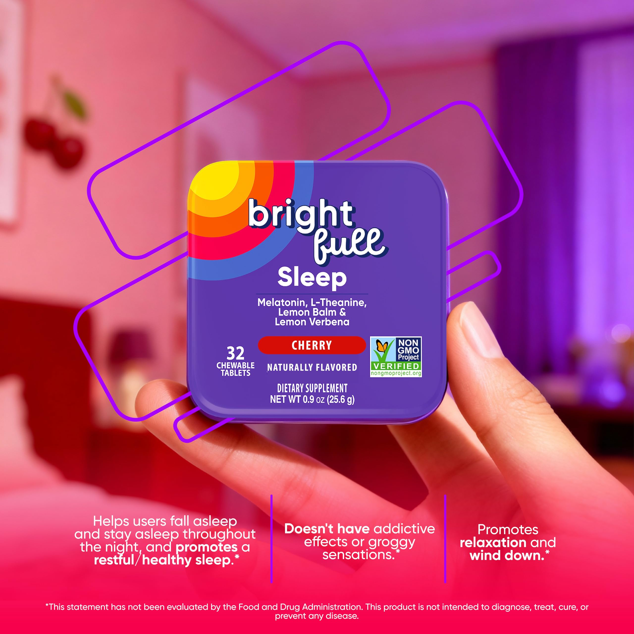 BRIGHTFULL Sleep Chewable Tablets Cherry flavour in a travel bag