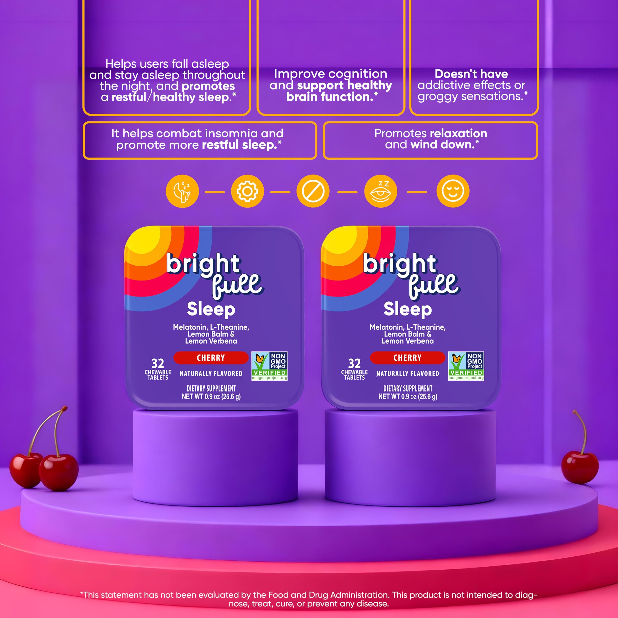 BRIGHTFULL Sleep Chewable Tablets Cherry flavour on a nightstand