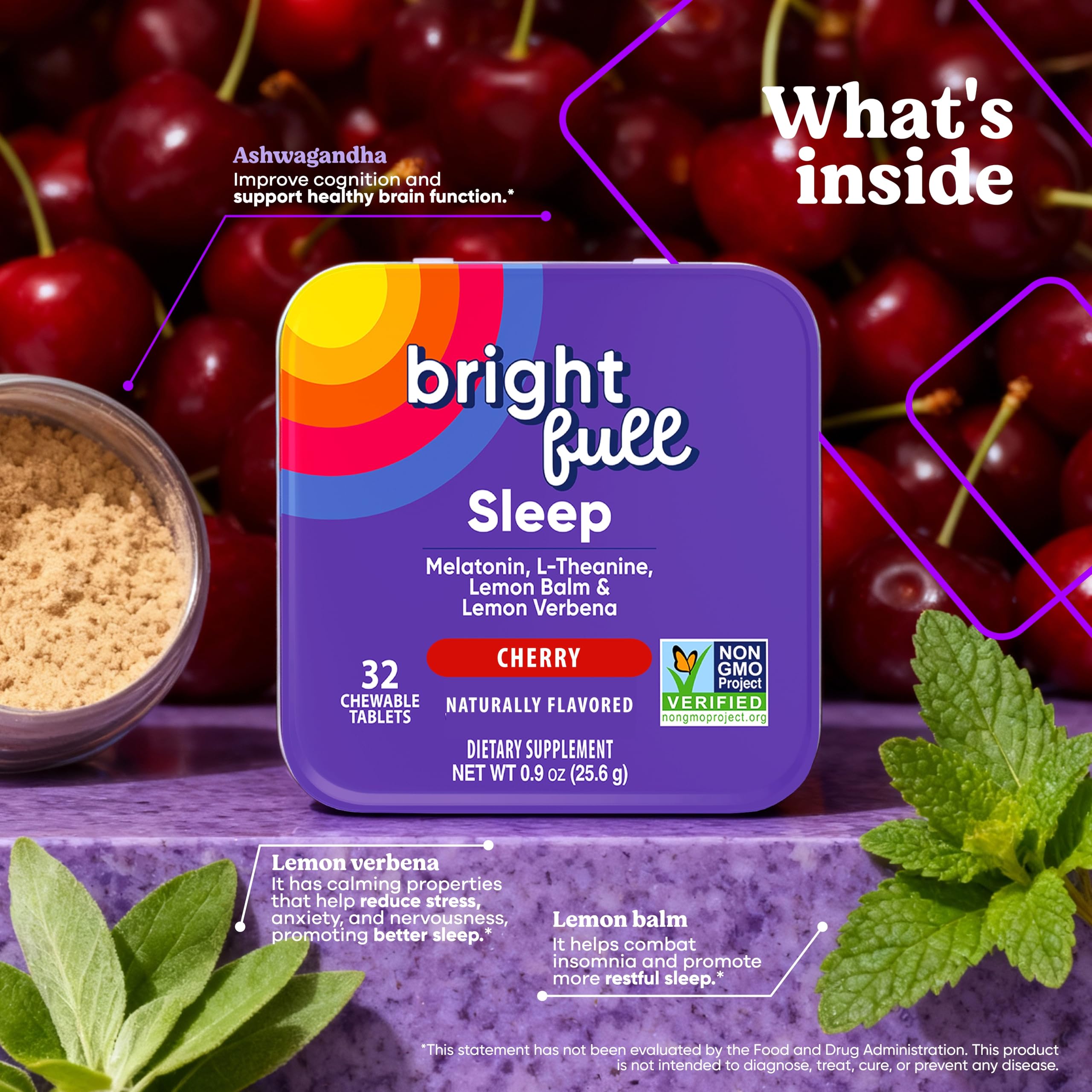 BRIGHTFULL Sleep Chewable Tablets Cherry flavour with a hand holding it