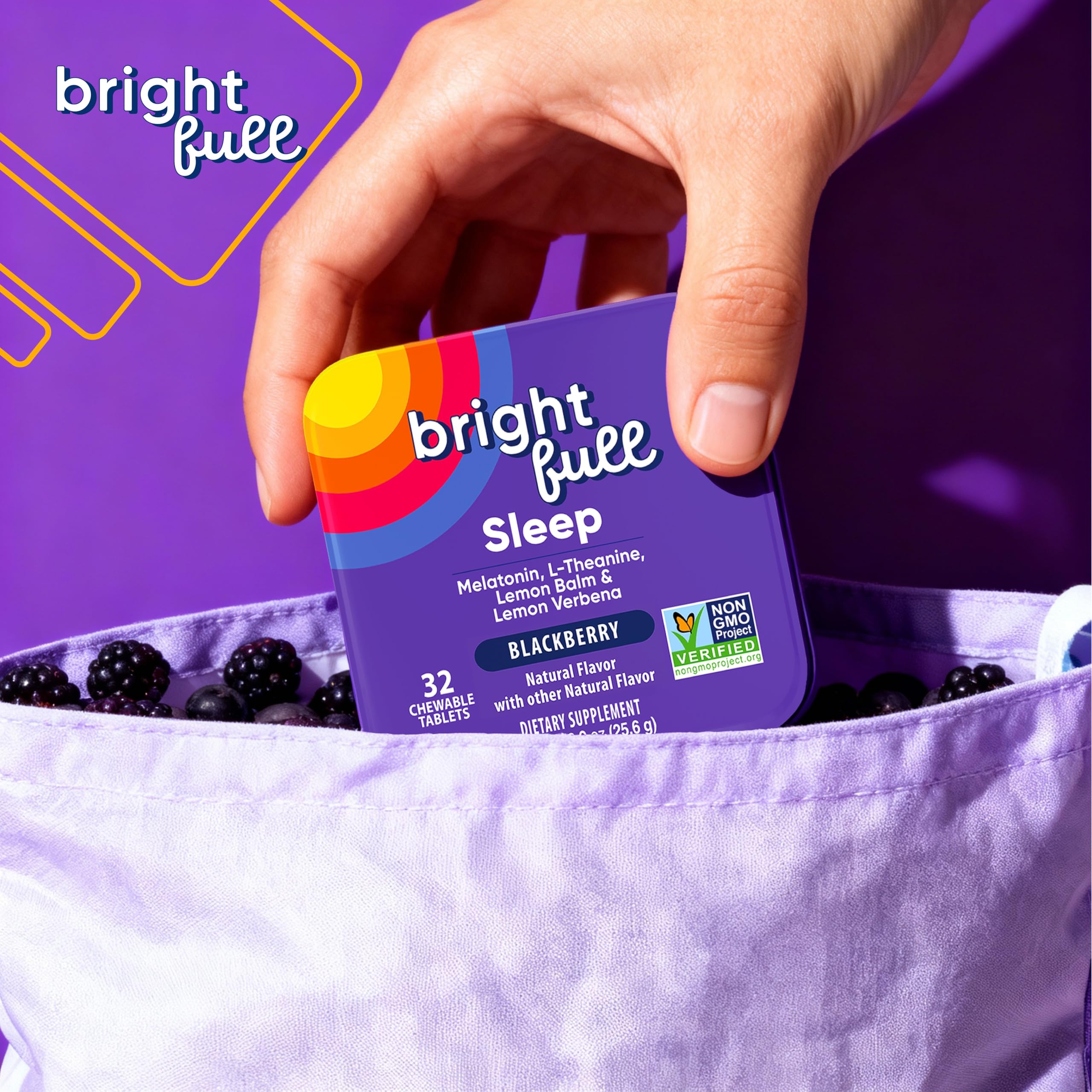 BRIGHTFULL Sleep Chewable Tablets on a nightstand