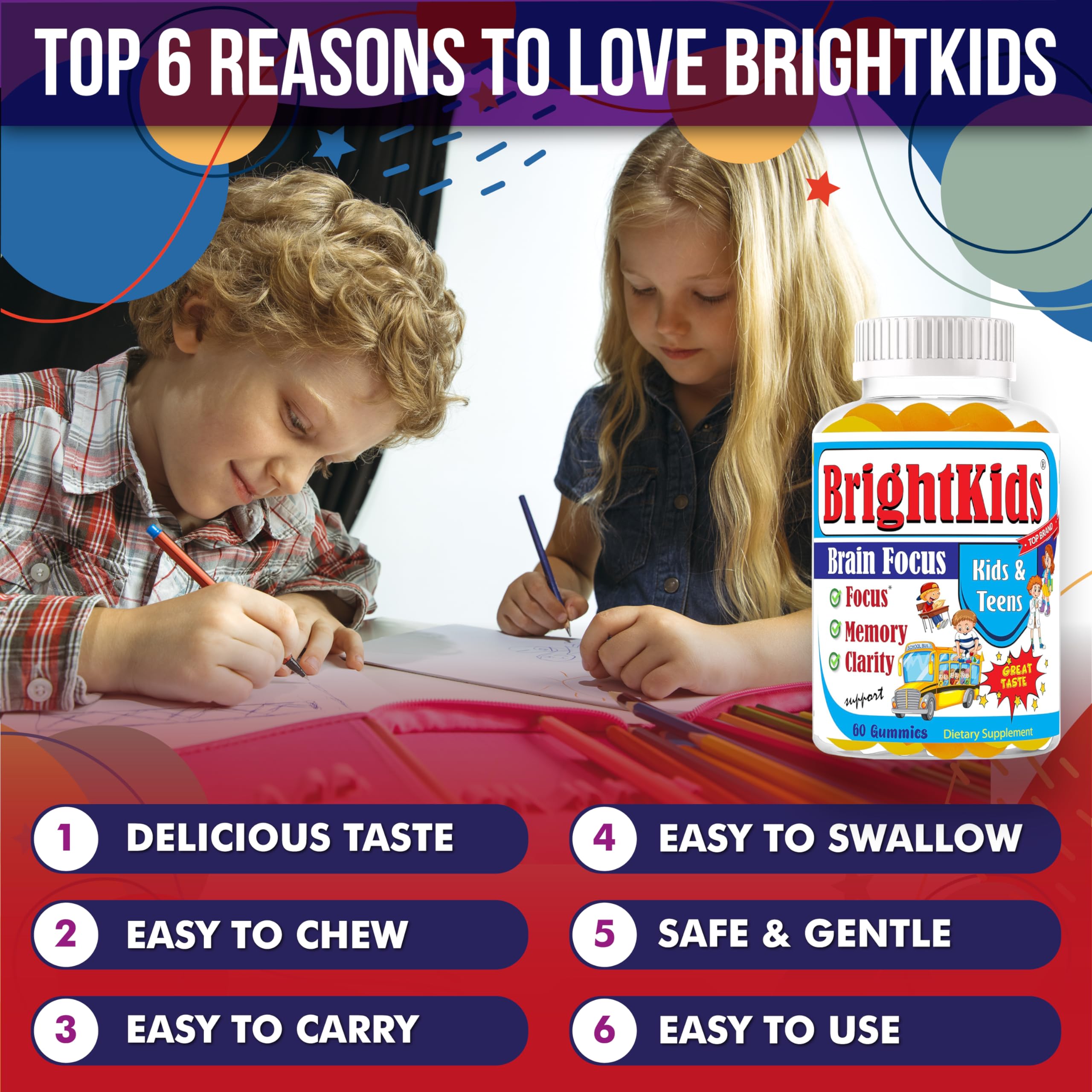 BrightKids Focus Gummies in a bowl with a few gummies scattered