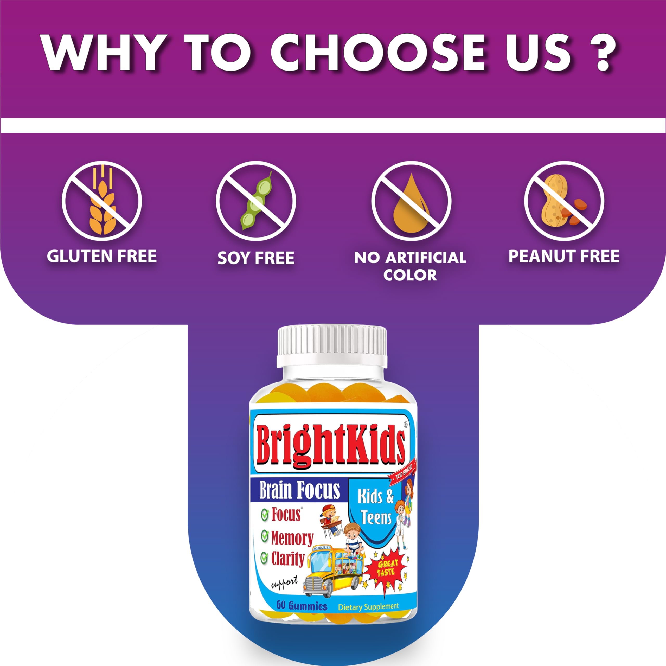 BrightKids Focus Gummies on a table with fruits