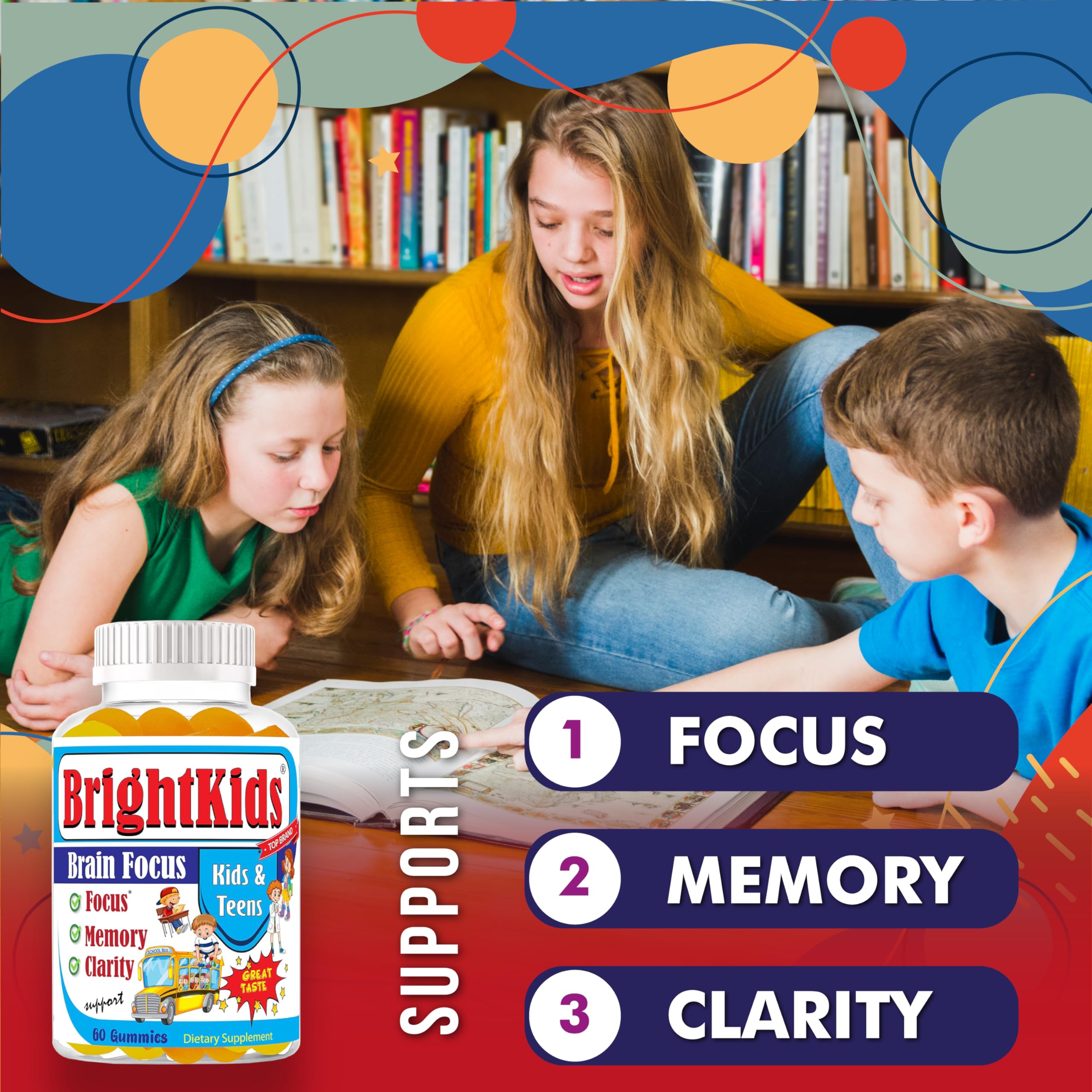 BrightKids Focus Gummies packaging showing nutritional information