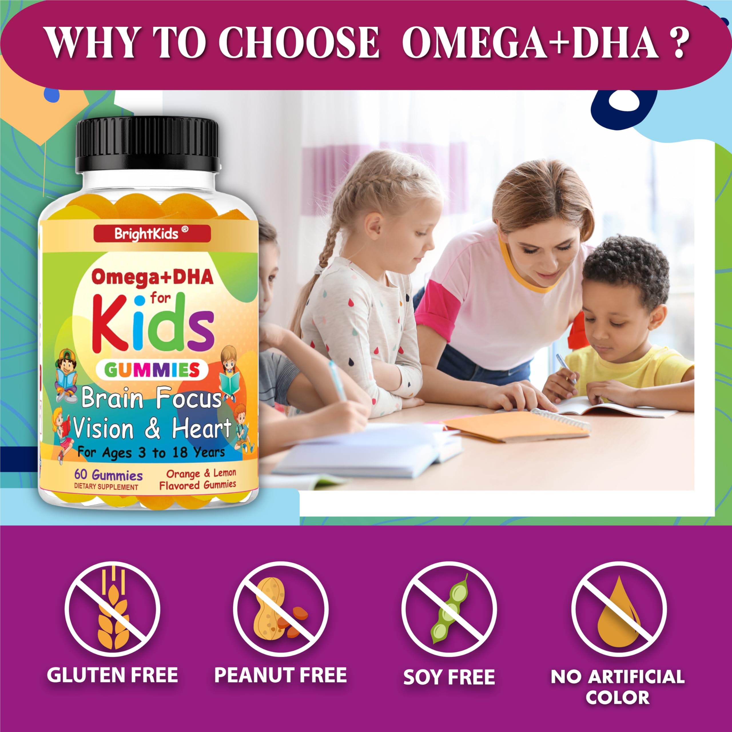 BrightKids Omega + DHA Gummies back view with ingredients