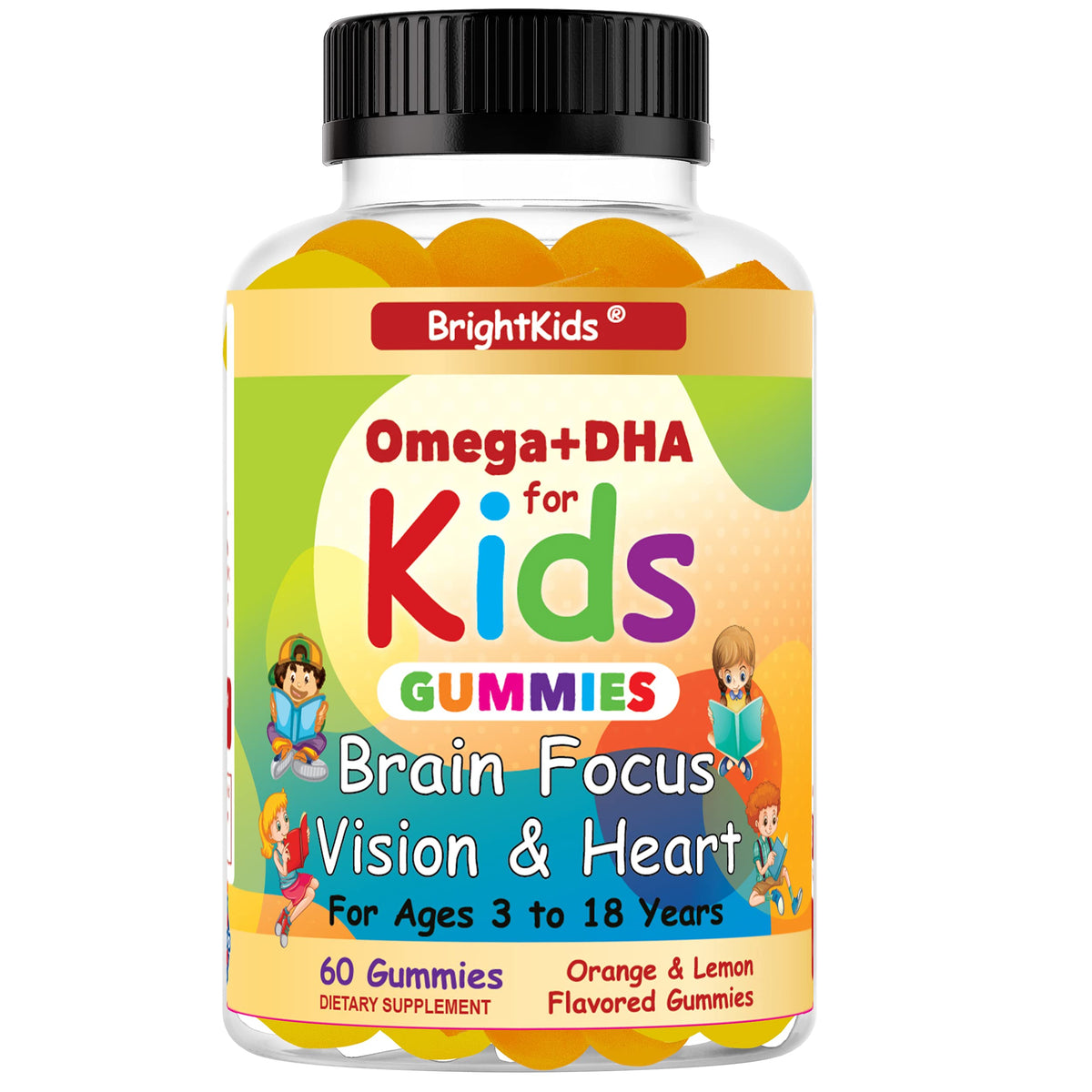 BrightKids Omega + DHA Gummies front view with packaging