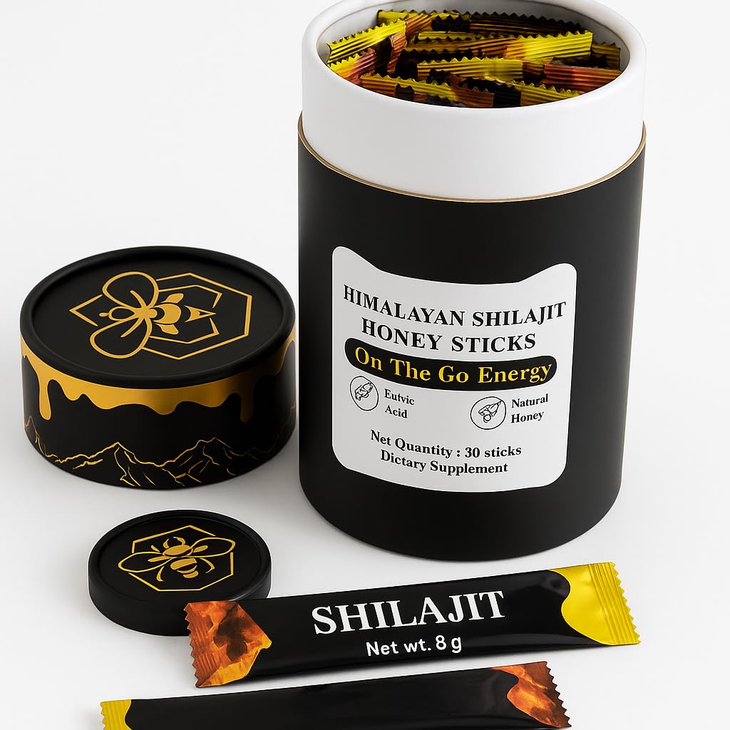 BRILLURE Shilajit Honey Stick next to a cup of tea